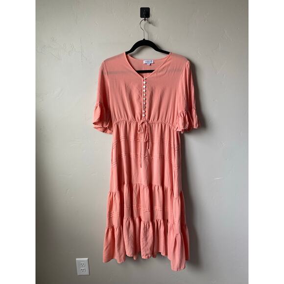 Sweet Salt Salmon Colored Tie Waist Tiered Midi Dress- Size 12 - Picture 5 of 6